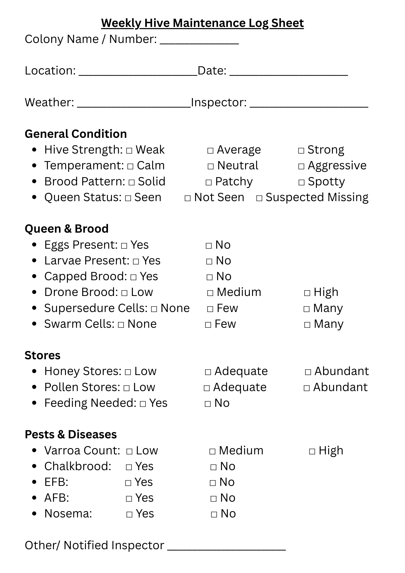 Free Hive Record Sheets