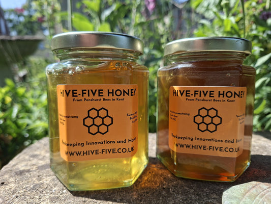 Two jars of Hive-Five Honey from Penshurst Bees in Kent
